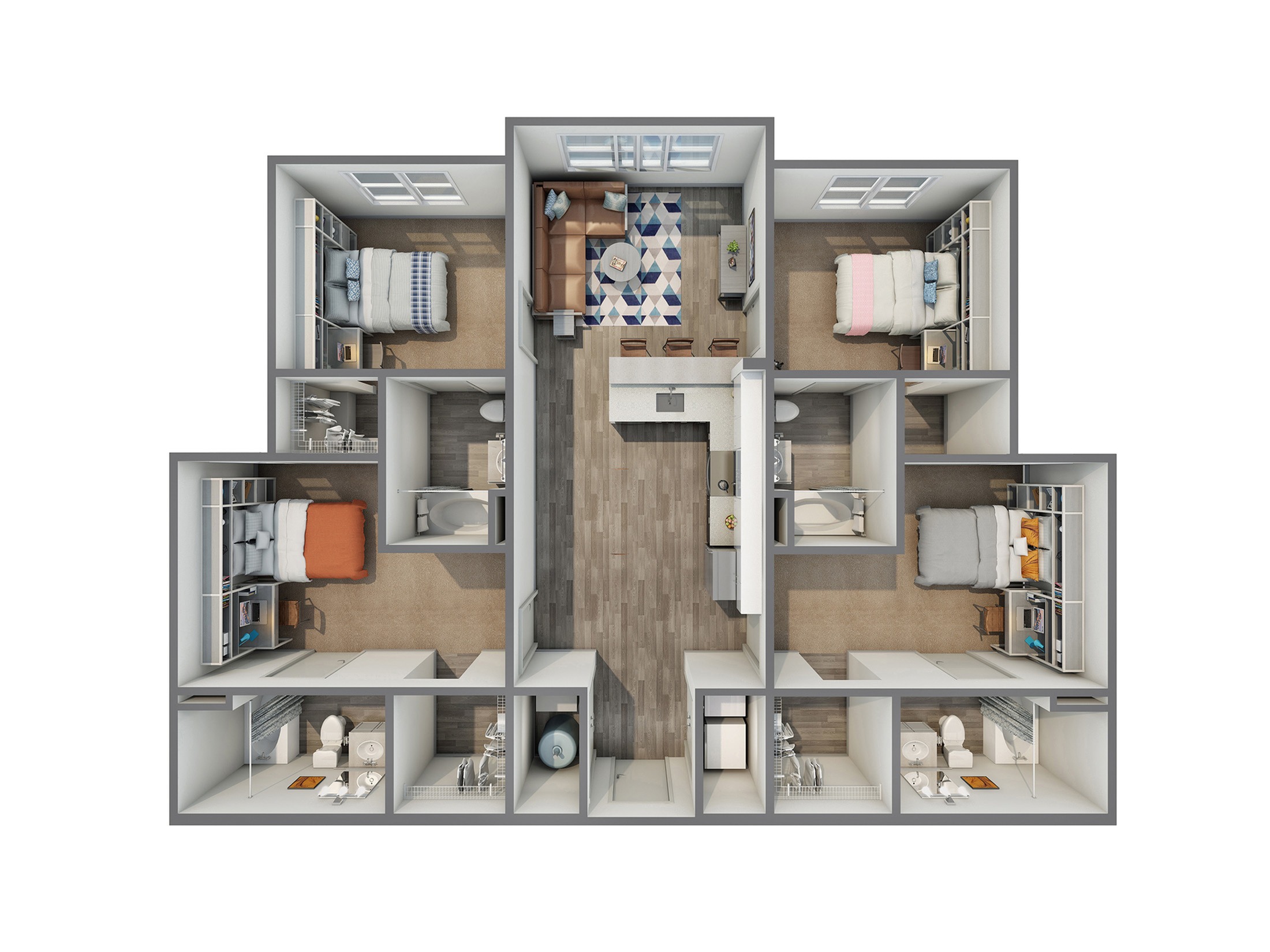 A 3D image of the 4BR/4BA – A floorplan, a 1340 squarefoot, 4 bed / 4 bath unit