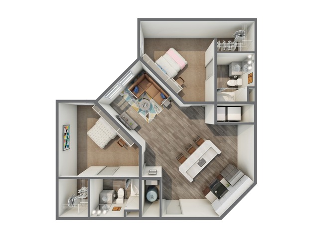 A 3D image of the 2BR/2BA – B floorplan, a 937 squarefoot, 2 bed / 2 bath unit