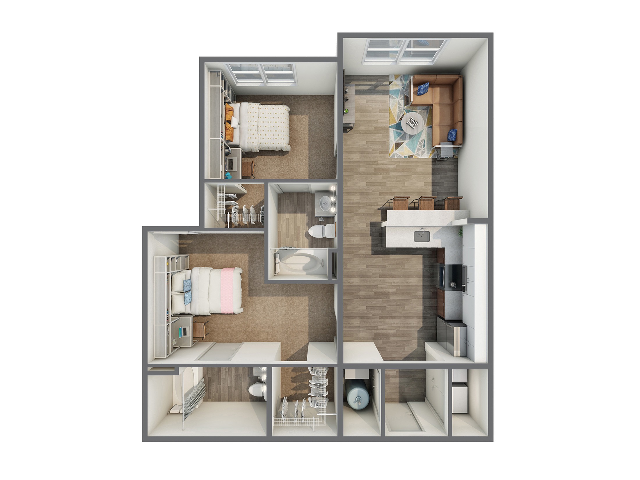 A 3D image of the 2BR/2BA – A floorplan, a 883 squarefoot, 2 bed / 2 bath unit