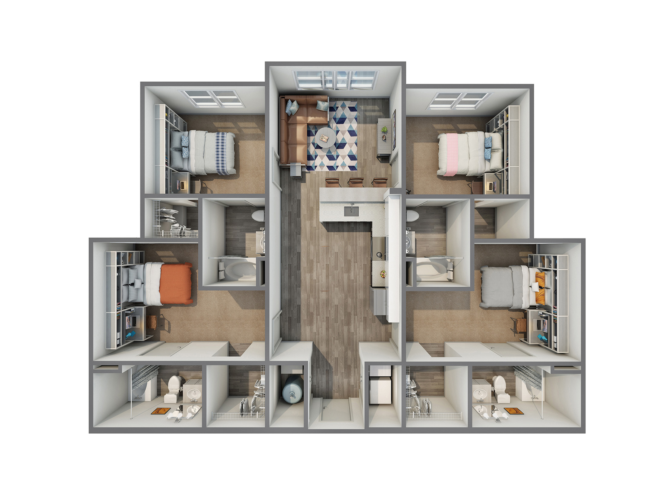 A 3D image of the 4BR/4BA – A Upgrade floorplan, a 1340 squarefoot, 4 bed / 4 bath unit