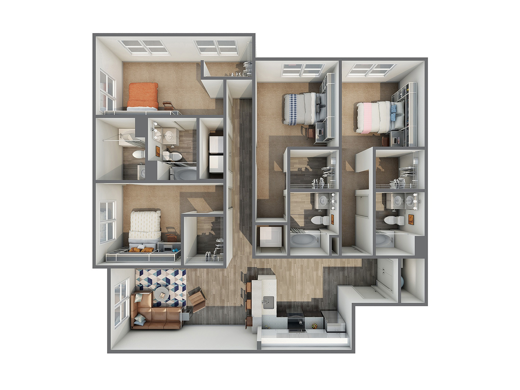 A 3D image of the 4BR/4BA – B Upgrade floorplan, a 1602 squarefoot, 4 bed / 4 bath unit