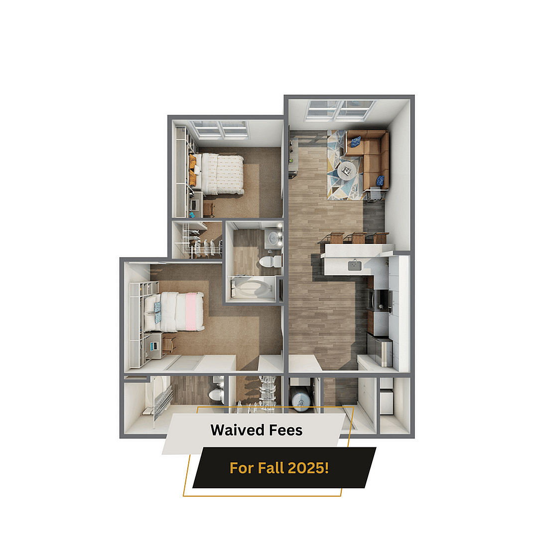 A 3D image of the 2BR/2BA – A Upgrade floorplan, a 883 squarefoot, 2 bed / 2 bath unit