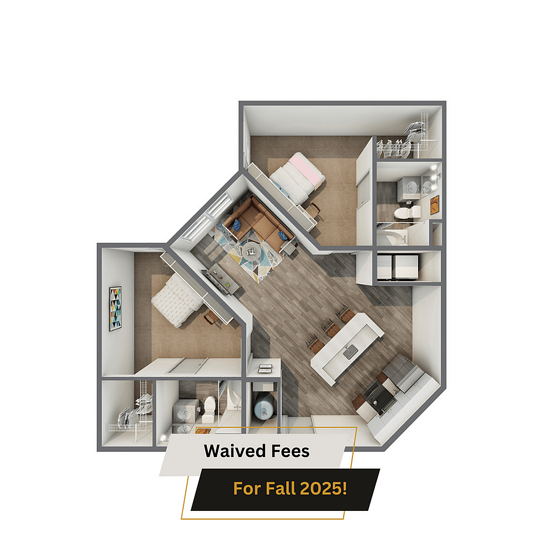 A 3D image of the 2BR/2BA – B Upgrade floorplan, a 937 squarefoot, 2 bed / 2 bath unit