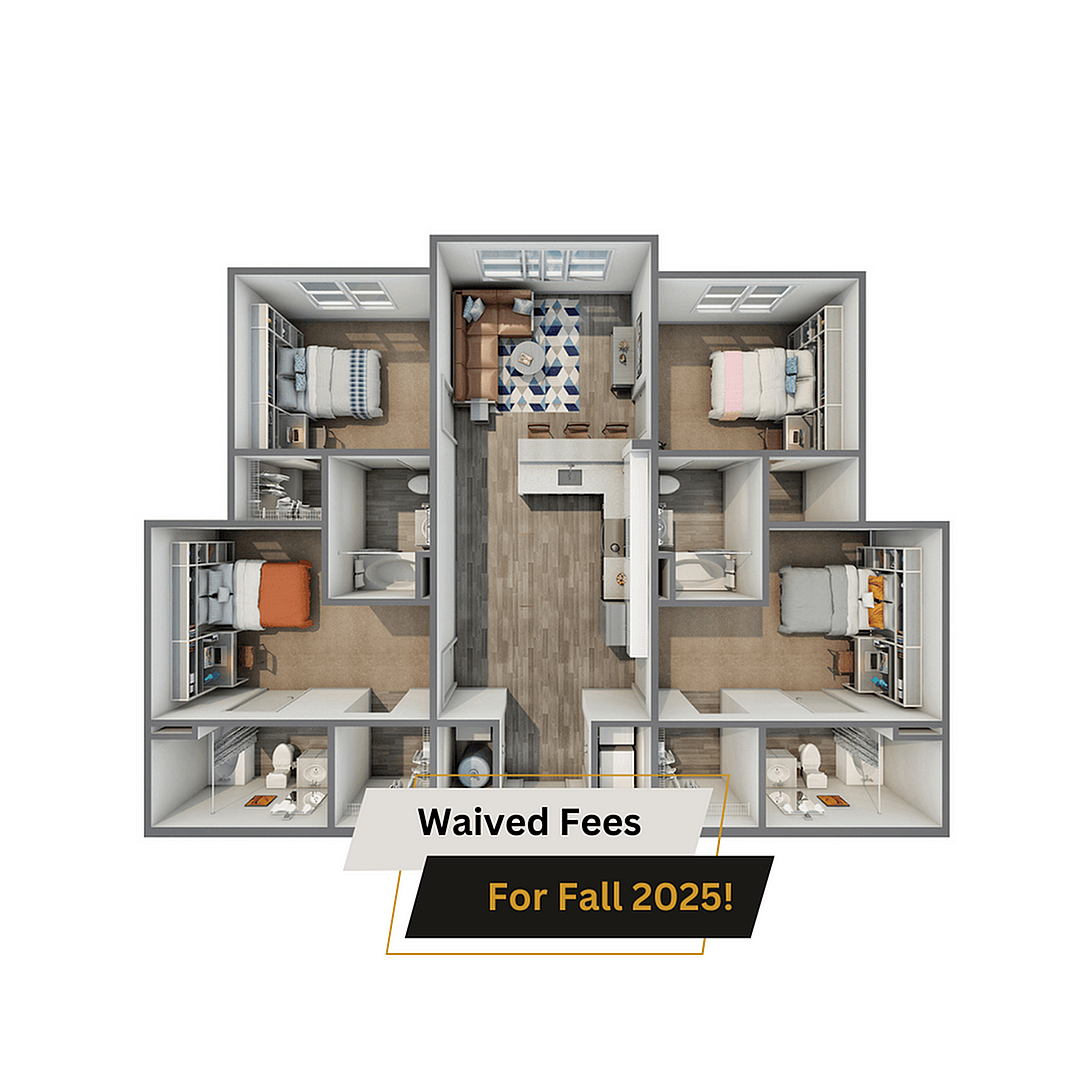 A 3D image of the 4BR/4BA – A Upgrade floorplan, a 1340 squarefoot, 4 bed / 4 bath unit