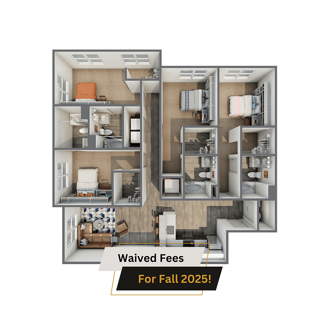 A 3D image of the 4BR/4BA – B Upgrade floorplan, a 1602 squarefoot, 4 bed / 4 bath unit