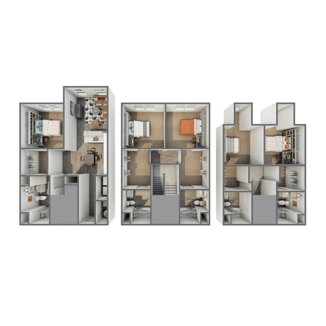 A 3D image of the 5BR/5BA – Upgrade floorplan, a 2080 squarefoot, 5 bed / 5 bath unit