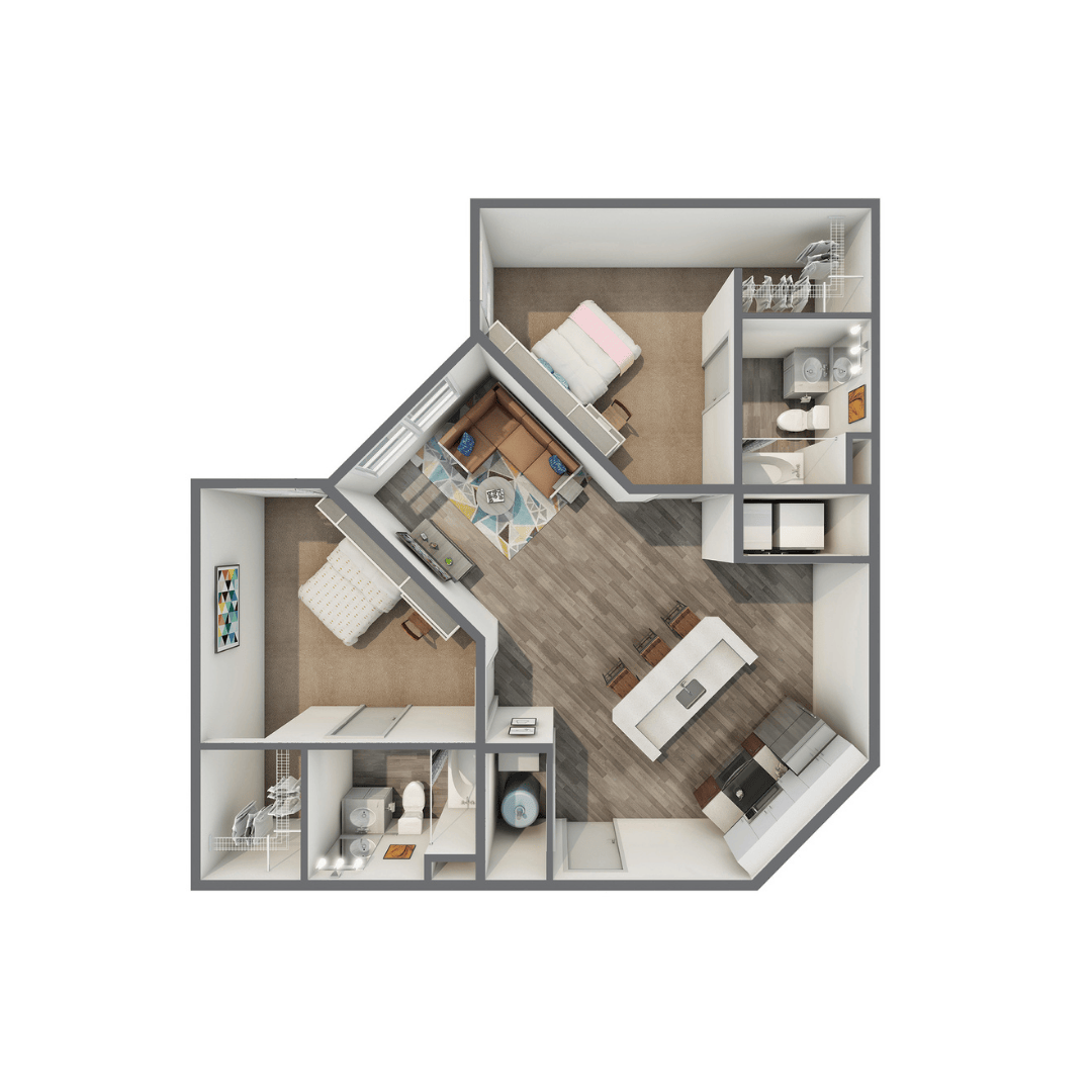 A 3D image of the 2BR/2BA – B Upgrade floorplan, a 937 squarefoot, 2 bed / 2 bath unit