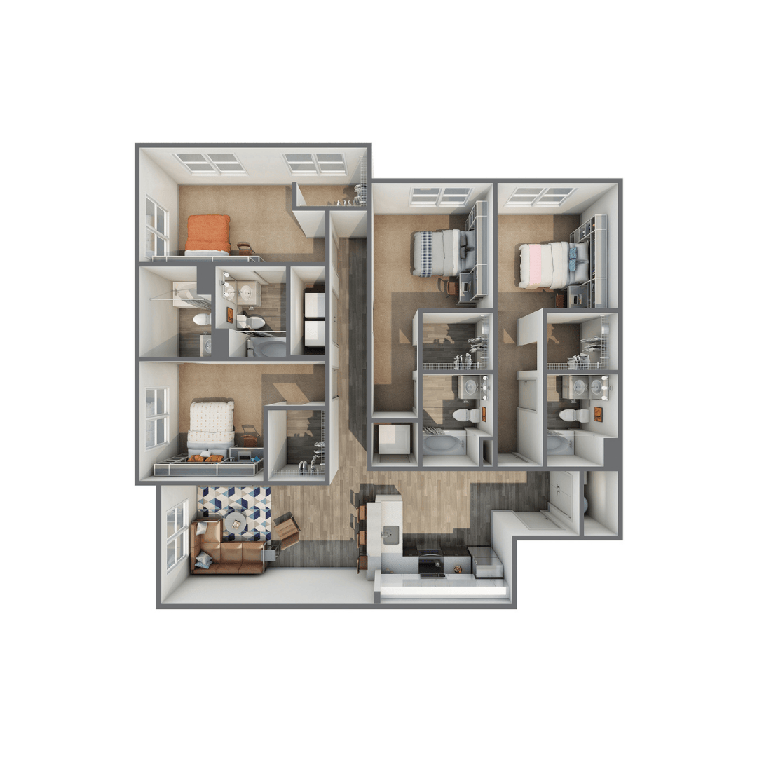 A 3D image of the 4BR/4BA – B Upgrade floorplan, a 1602 squarefoot, 4 bed / 4 bath unit