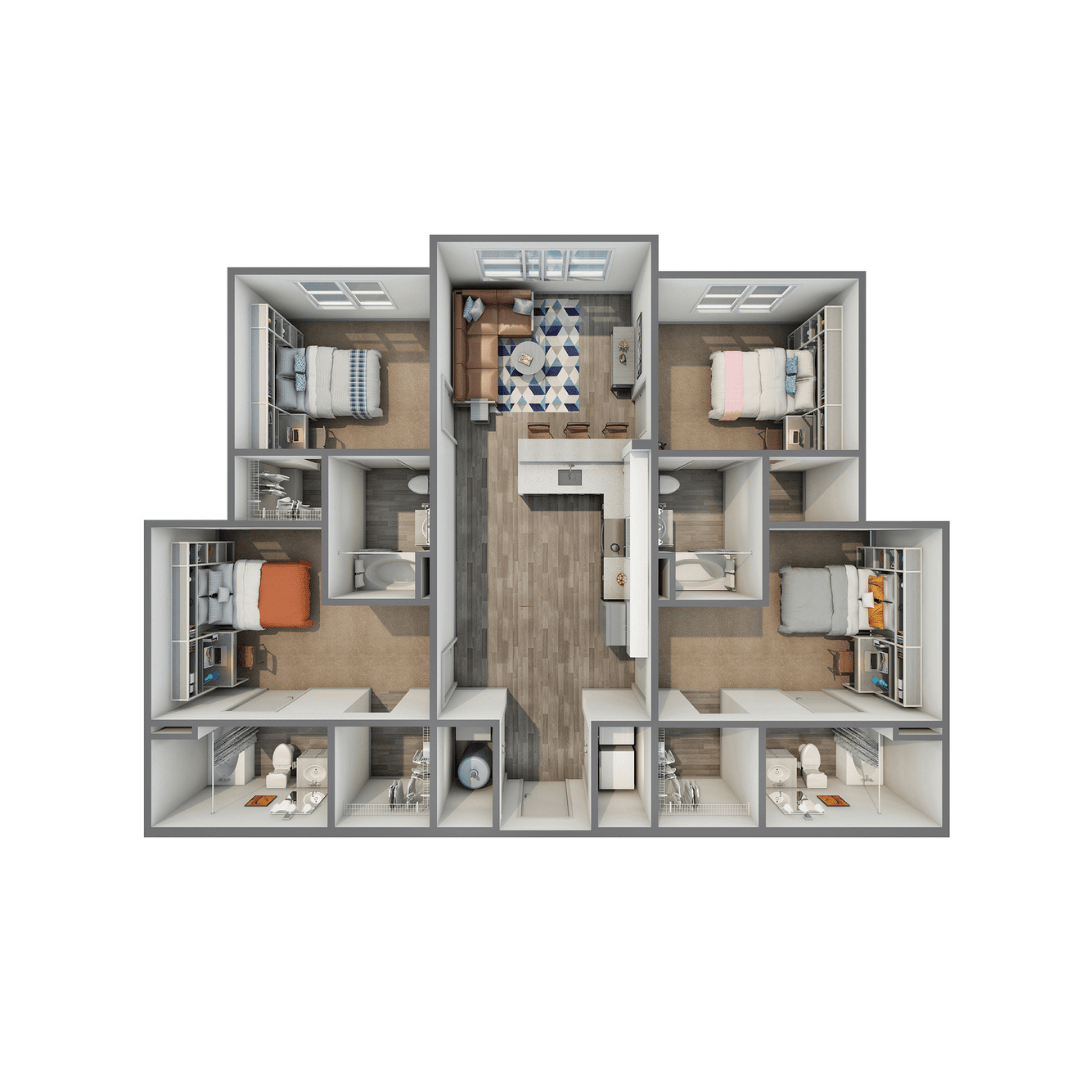 A 3D image of the 4BR/4BA – A Upgrade floorplan, a 1340 squarefoot, 4 bed / 4 bath unit