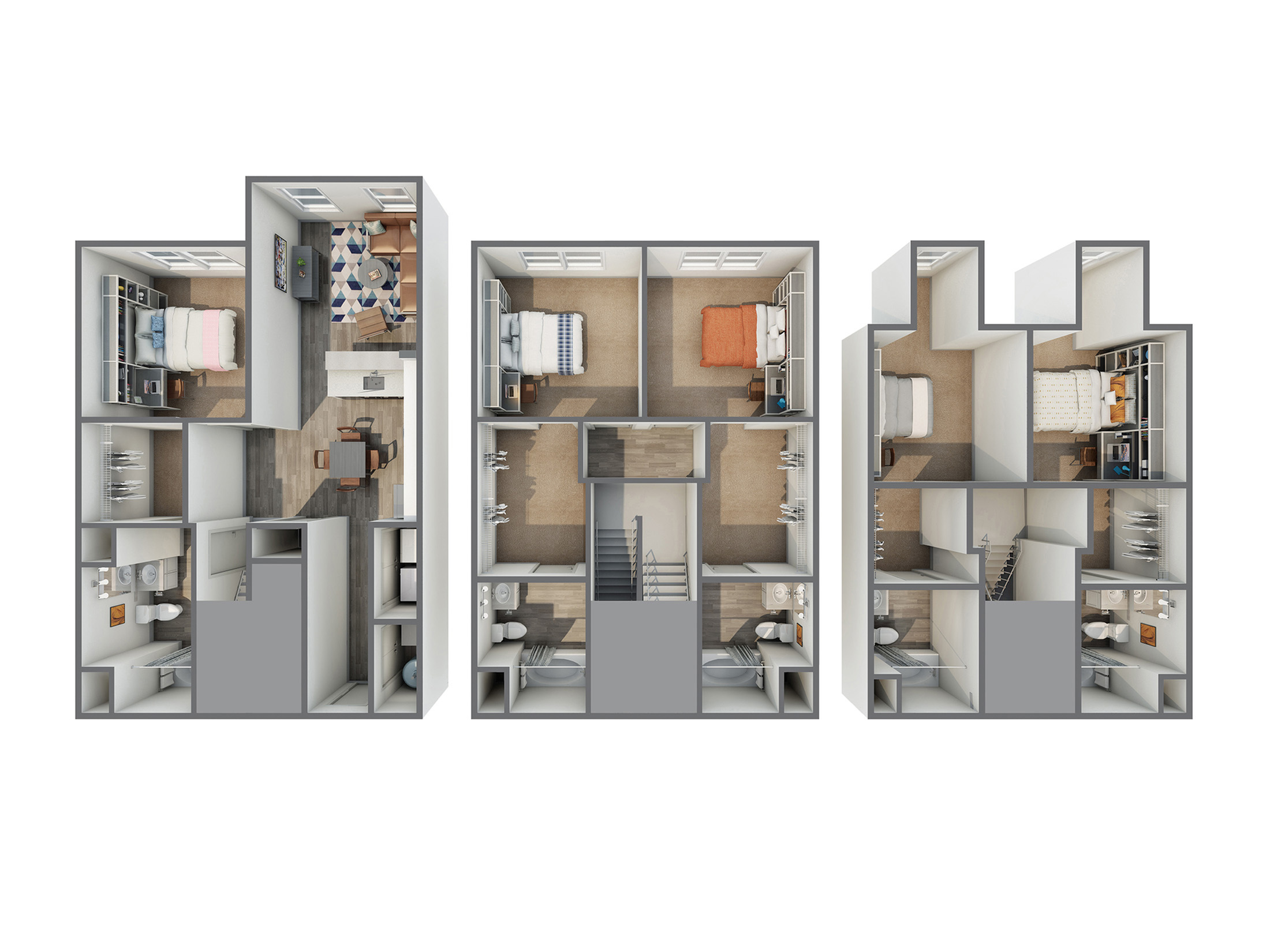 5BR/5BA 1 A 3D image of the 5BR/5BA floorplan, a 2080 squarefoot, 5 bed / 5 bath unit